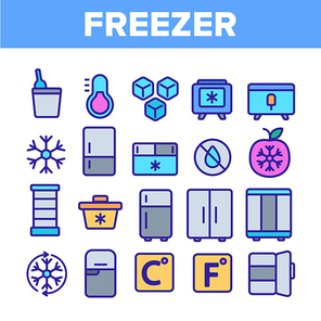 Freezer, Cooling Appliance Linear Vector Icons Set. Frosting and Icing Thin Line Contour Symbols. Cold Storage Pictograms. Refrigerator, Fridge, Ice Chest. Deep Freeze Outline Illustrations Pack