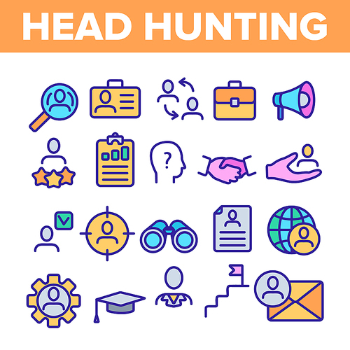 Head Hunting Service Linear Vector Icons Set. Head Hunting, Recruitment, Employment . Building Successful Career Symbols Pack. Hiring Process Pictograms Collection. HR Management Outline Illustrations