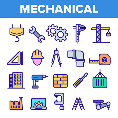 Engineering Line Icon Set Vector. Technician Design. Machinery Engineering Icons. Industrial Factory Production. Thin Outline Illustration
