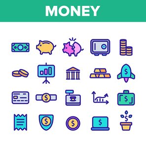 Money Savings, Banking Linear Vector Illustrations. Investment, Cash Money Thin Line Icon Set. Financial Transactions, Budgeting. Finance Management Contour Symbols. Payments Isolated Outline Drawings
