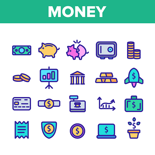 Money Savings, Banking Linear Vector Illustrations. Investment, Cash Money Thin Line Icon Set. Financial Transactions, Budgeting. Finance Management Contour Symbols. Payments Isolated Outline Drawings