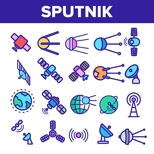 Orbital Sputnik Linear Vector Icons Set. Sputnik Thin Line Contour Symbols. Cosmos Exploration, Astronautics Pictograms Collection. Satellite Dish, Space Shuttle, Radar Tower Outline Illustrations