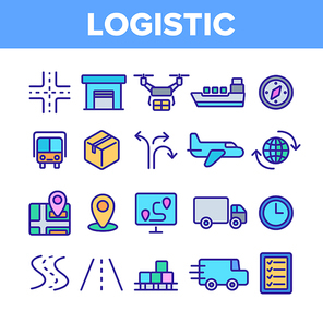 Global Logistic Department Linear Vector Icons Set. Logistic Management, Delivery Service Thin Line Contour Symbols Pack. Distribution Business Pictograms Collection. Shipping Outline Illustrations