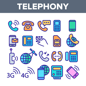 Global Telephony System Linear Vector Icons Set. Telephony, Mobile Technology Thin Line Contour Symbols Pack. Worldwide Connection Pictograms Collection. Communication Equipment Outline Illustrations