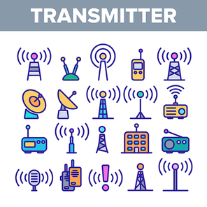 Transmitter, Radio Tower Linear Vector Icons Set. Transmitter and Receiver Thin Line Contour Symbols Pack. Communication Technology Pictograms Collection. Broadcasting Equipment Outline Illustrations