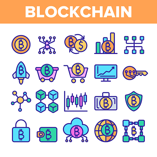 Blockchain Technology, Cryptocurrency Vector Linear Icons Set. Money Online Transaction, Blockchain. Banking, E-Payment Outline Symbols Pack. Bitcoin Mining E-Commerce Isolated Contour Illustrations