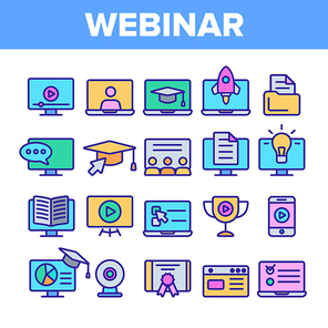 Webinar, Online Education Vector Linear Icons Set. Webinar, Conference, Distance Learning Outline Symbols Pack. Internet Courses, Lessons. E-Learning, Digital Library Isolated Contour Illustrations