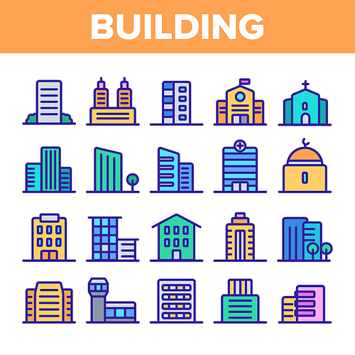 City, Town Buildings Linear Icons Vector Set. High Rise, Multi Storey Buildings, Skyscraper Facades Thin Line Illustrations Pack. Office Centers, Apartment Houses, Malls Outline Isolated Symbols