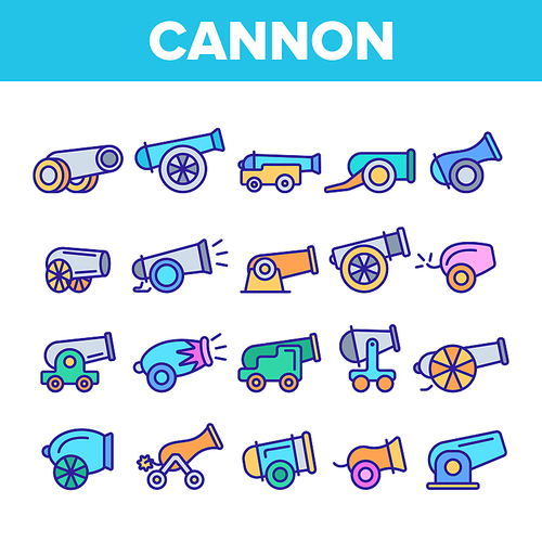 Old Cannons, Artillery Linear Icons Vector Set. Historic Weapon, War Cannons, Guns Thin Line Illustrations Pack. Ancient, Antique Firearm. Battlefield, Military Equipment Isolated Outline Symbols
