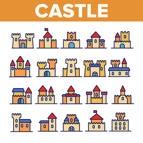 Castle, Medieval Buildings Linear Vector Icons Set. Castle, Palace Facade Symbols Pack. Exterior Simple Pictograms Collection. Isolated Fortress Signs. Royal Mansion And Towers Outline Illustrations