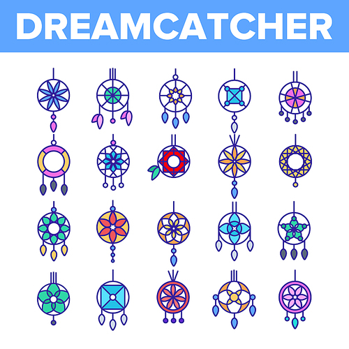 Dreamcatcher, Amulet Vector Thin Line Icons Set. Dreamcatcher, Protective Tribal Symbols Collection. Native American Magic Charm. Indian Talisman with Feathers Linear Illustration. Gift, Souvenir Idea