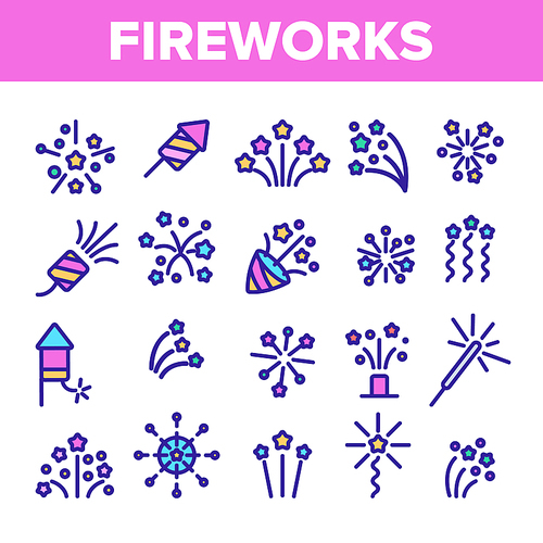 Fireworks, Firecrackers Thin Line Icons Vector Set. Pyrotechnics, Fireworks Linear Illustrations. New Year, Birthday, Anniversary Party Firecrackers, Rockets Contour Symbols. Isolated Outline Cliparts