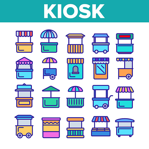 Kiosk, Market Stalls Types Linear Vector Icons Set. Kiosk Facade Shop, Store Symbols Pack. Exterior Pictograms Collection. Isolated Building Signs. Ice Cream, Street Food Truck Outline Illustrations