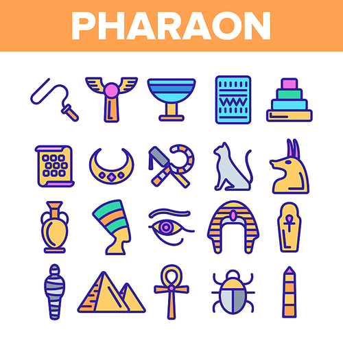 Pharaoh, Egypt King Vector Thin Line Icons Set. Pharaoh Royal Power Symbols Linear Illustrations. Pyramids, Mummy, Hieroglyph. Nefertiti, Anubis Silhouette. Sacred Cat, Scarab Contour Drawings