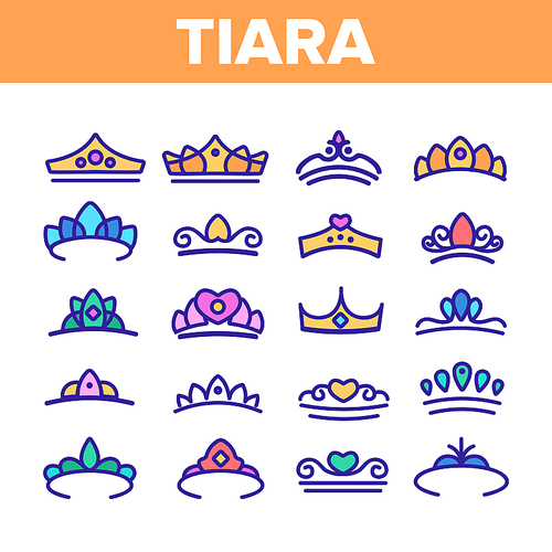 Tiara, Royal Accessory Vector Thin Line Icons Set. Tiara, Diadem Types Linear Illustrations. Queen Coronation, Princess, Nobility Headwear. Bridal Hair Decoration. Beauty Contest, Miss Award