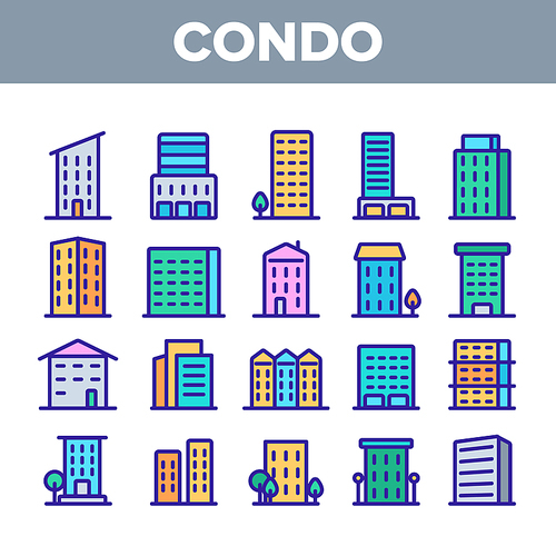 Dwelling House, Condo Linear Vector Icons Set. Condo, Apartment Buildings Thin Line Contour Symbols Pack. Residential Area, Metropolis Pictograms Collection. Urban Architecture Outline Illustrations