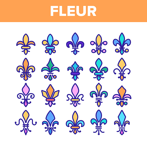 Fleur De Lys, Royalty Linear Vector Icons Set. Fleur, French Lily Thin Line Contour Symbols Pack. Ornate Exterior Decoration Pictograms Collection. Traditional Floral Insignia Outline Illustrations