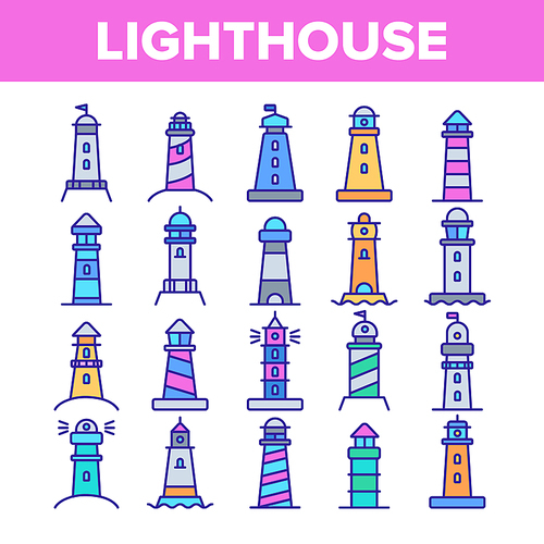 Lighthouse, Sea Beacon Linear Vector Icons Set. Lighthouse, Signal Light House Thin Line Contour Symbols Pack. Sailor Safety Warning Pictograms Collection. Tower with Searchlight Outline Illustrations