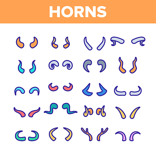 Animal, Devil Horns Vector Linear Icons Set. Bull, Goat, Moose, Wild Mammals Horns Outline Symbols Pack. Carnival Costume Accessories. Reindeer Antlers Isolated Contour Illustrations