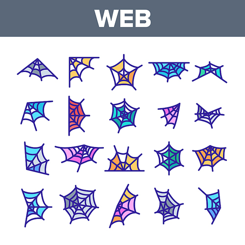 Spider Web, Cobweb Vector Linear Icons Set. SpiderWeb, Spider Trap For Insects Outline Symbols Pack. Halloween Spooky Decoration. Abandoned Place. Natural Thread Isolated Contour Illustrations