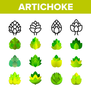 Artichoke, Gourmet Cuisine Vector Linear Icons Set. Artichokes, Healthy Vegetarian Diet Ingredients Thin Line Pictograms. Organic Food Restaurant Logo. Plant Growth Stages, Hops Color Symbols