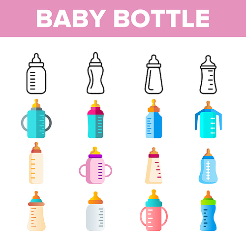 Baby Bottle, Childcare Equipment Vector Linear Icons Set. Baby Bottles with Latex, Silicone Nipples for Feeding Infants. Sippy Cups Thin Line Pictograms. Plastic Containers for Liquid Color Symbols