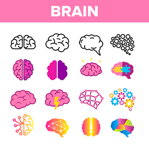 Brain, Neurology Organ Vector Linear Icons Set. Human Brain, Brain-shaped Stylized Speech Bubble Thin Line Pictograms. Jigsaw Pieces, Cogwheels, Lightning Representing Thinking Process Color Symbols