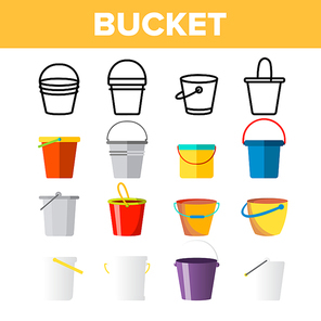 Buckets, Pails Vector Thin Line Icons Set. Buckets, Plastic, Metal Containers for Farming, Housework Tools, Equipment Linear Pictograms. Kids Toy for Sand Games on Beach Color Symbols Collection