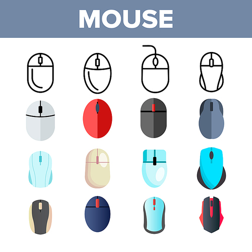 Computer Mouse Vector Thin Line Icons Set. Mouse, Computer Device, Gaming Instrument Linear Pictograms. Modern, Optical, Wireless Equipment with Scrolling Wheel Color Symbols Collection