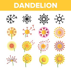 Dandelion, Spring Flower Vector Thin Line Icons Set. Dandelion, Blowball in Blossom Linear Pictograms. Yellow Blooming Flower with Delicate Fluffy Seeds and Pollen Color Symbols Collection