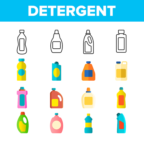 Detergent, Washing Liquid Vector Thin Line Icons Set. Detergent, Plastic Bottles with Washing Powder, Cleanser Linear Pictograms. Housekeeping Accessory for Dirty Laundry Color Symbols Collection