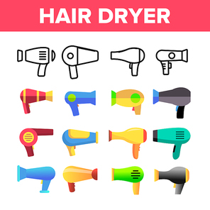Hair Dryer Appliance Vector Color Icons Set. Modern and Retro Hairdryers Linear Symbols Pack. Beauty Parlor, Hairdresser Salon Equipment. Hair Styling Professional Tool Isolated Flat Illustrations