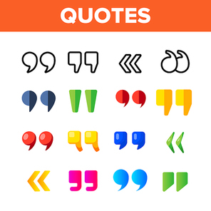Quotation Marks, Inverted Commas Vector Color Icons Set. Quotation, Direct Speech Marks Linear Symbols Pack. Writing System Punctuation. Opinion Expressing Quotemarks Isolated Flat Illustrations