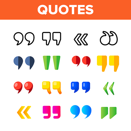 Quotation Marks, Inverted Commas Vector Color Icons Set. Quotation, Direct Speech Marks Linear Symbols Pack. Writing System Punctuation. Opinion Expressing Quotemarks Isolated Flat Illustrations