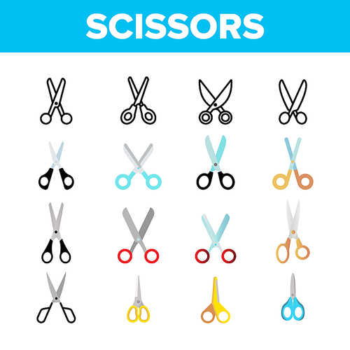Scissors, School Stationery Vector Color Icons Set. Scissors With Plastic Handles Linear Symbols Pack. Office Supplies. Hairdresser Equipment, Gardening Tool Isolated Flat Illustrations