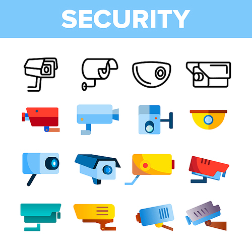 Modern Security Cameras Vector Color Icons Set. Hidden Surveillance CCTV Cameras Linear Symbols Pack. Facility Building Safety And Protection System. Area Monitoring Isolated Flat Illustrations