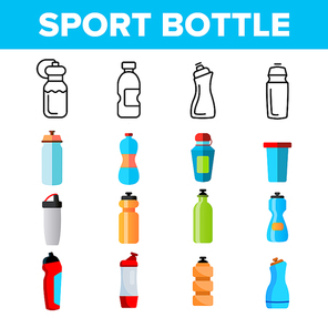 Sport Bottle, Fitness Accessory Vector Thin Line Icons Set. Sport Bottle, Plastic, Metal Container for Water Linear Pictograms. Reusable Accessory to Quench Thirst in Gym Color Symbols Collection