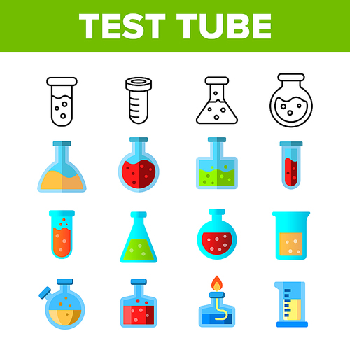 Test Tubes And Flasks Vector Color Icons Set. Chemistry Tubes With Liquid Linear Symbols Pack. Scientific Glassware With Chemical Fluid. Laboratory Research, Lab Equipment Isolated Flat Illustrations