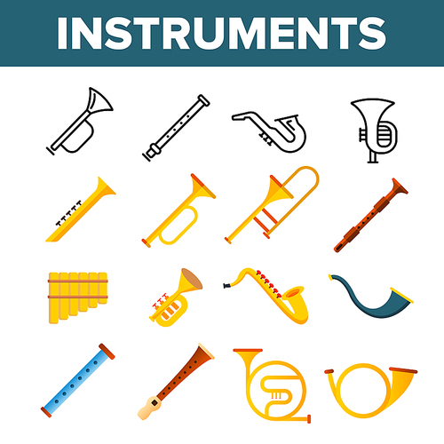 Wind Musical Instruments Vector Color Icons Set. Trumpet, Saxophone Acoustic Instruments Linear Symbols Pack. Jazz Symphony Orchestra, Blues Band. Golden Horn, Pipe, Flute Isolated Flat Illustrations