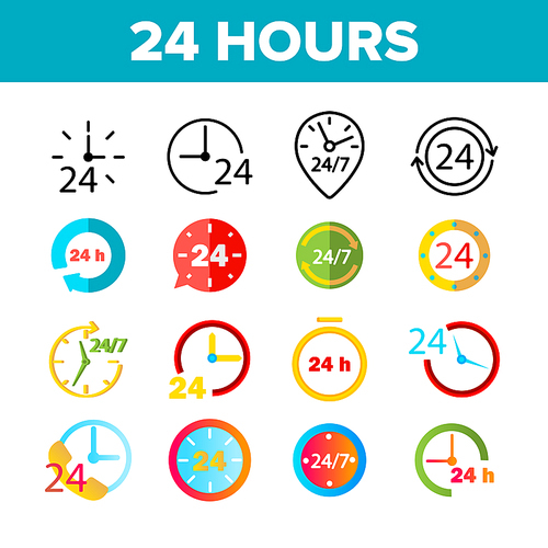 24 Hours, Clock, Time Vector Color Icons Set. 24 Hours Customer Service, Online Support Linear Symbols Pack. Convenience Store Logo. All Day Open Shop, Call Center Isolated Flat Illustrations