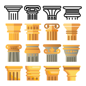 Ancient Column Icon Set Vector. Architecture Roman Symbol. Ancient Pillar. Greece Building. Rome Culture. Old Graphic Element. Historical. Line, Flat Illustration