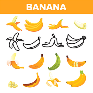 banana friut icon set vector. yellow food symbol. silhouette bunch. tropical nature diet. sweet vegetarian natural sign.  object. flat illustration