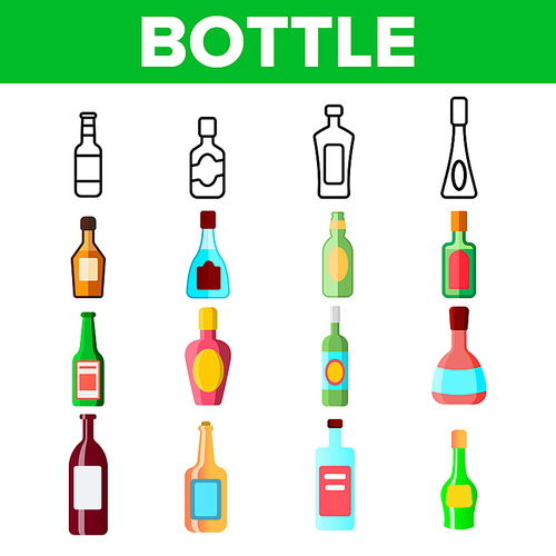 glass bottles linear vector icons set. plastic, glass bottles contour symbols pack. alcohol simple color pictograms collection. wine, beer, soda flat illustrations. isolated  cartoon signs