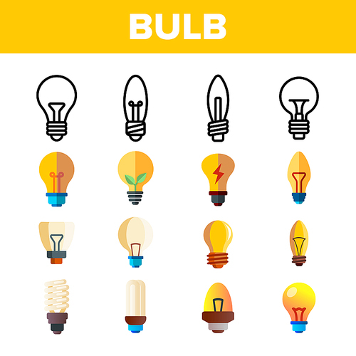 Light Bulbs Flat And Linear Icons Vector Set. Energy Saving, Efficient And Classical Lightbulbs Illustrations Collection. Idea, Innovation, Electricity Contour Symbols. Lamps Isolated Outline Drawings