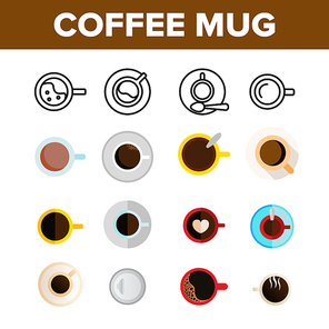 Coffee Mugs Top View Vector Color Icons Set. Cafe, Coffee Shop Logo. Latte, Cappuccino Cups With Saucers Linear Symbols Pack. Hot Beverage In Porcelain Kitchenware Isolated Flat Illustrations