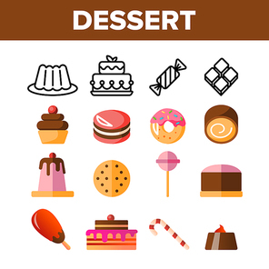 Desserts, Pastry, Sweets Vector Color Icons Set. Tasty Desserts, Delicious Cakes Linear Symbols Pack. Candy Store, Confectionery Shop, Bakery Logo. Cupcakes, Cookies, Pies Isolated Flat Illustrations