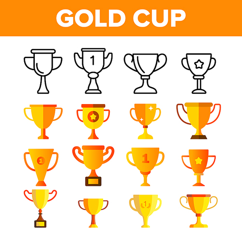 Golden Trophy Cup Vector Color Icons Set. Competition Trophy, Contest Award Linear Symbols Pack. Success, Victory Metaphor, Sports Achievement, Career Goal. Reward Isolated Flat Illustrations