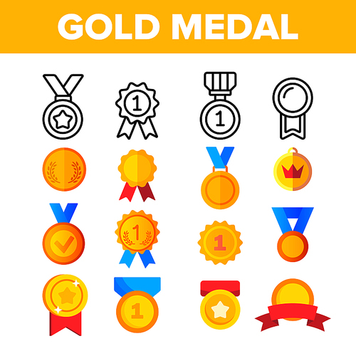 Golden, Bronze Medals Vector Color Icons Set. Medals, Competition Winner Rewards. First, Second, Third Place Awards Linear Symbols Pack. Victory, Achievement, Success Isolated Flat Illustrations