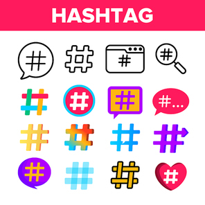 Hashtag, Number Sign Vector Color Icons Set. Social Networks Hashtag Linear Symbols Pack. Viral Content Share, Digital Marketing. Blogging, Vlogging. Pound Sign, Hash Tag Isolated Flat Illustrations