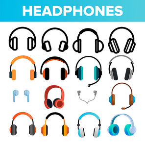 Headphones Icon Set Vector. Audio Stereo Headphones Icons. Volume Symbol. Listen Music. Acoustic Accessory. Line Illustration